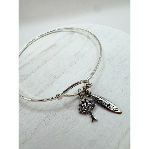 Sterling Silver Dainty Bangle Bracelet With Love And Tree Charms Hook Closure - Picture 3 of 8